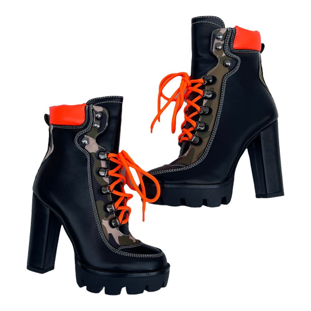 Azalea Wang Camouflage Black Lace Up Block Heeled Platform Boots Size 8 New